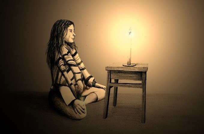 Dessin sépia : une personne assise en tailleur face à une bougie posée sur un petit tabouret, dans une pièce sombre.